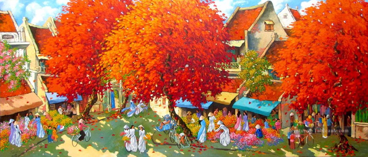 Marché aux fleurs au printemps Vietnamien Asiatique Peintures à l'huile